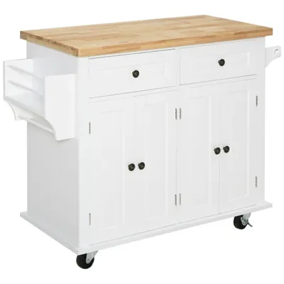 HOMCOM Kitchen Island on Wheels, Rolling Cart with Rubberwood Top, Spice Rack, Towel Rack and Drawers