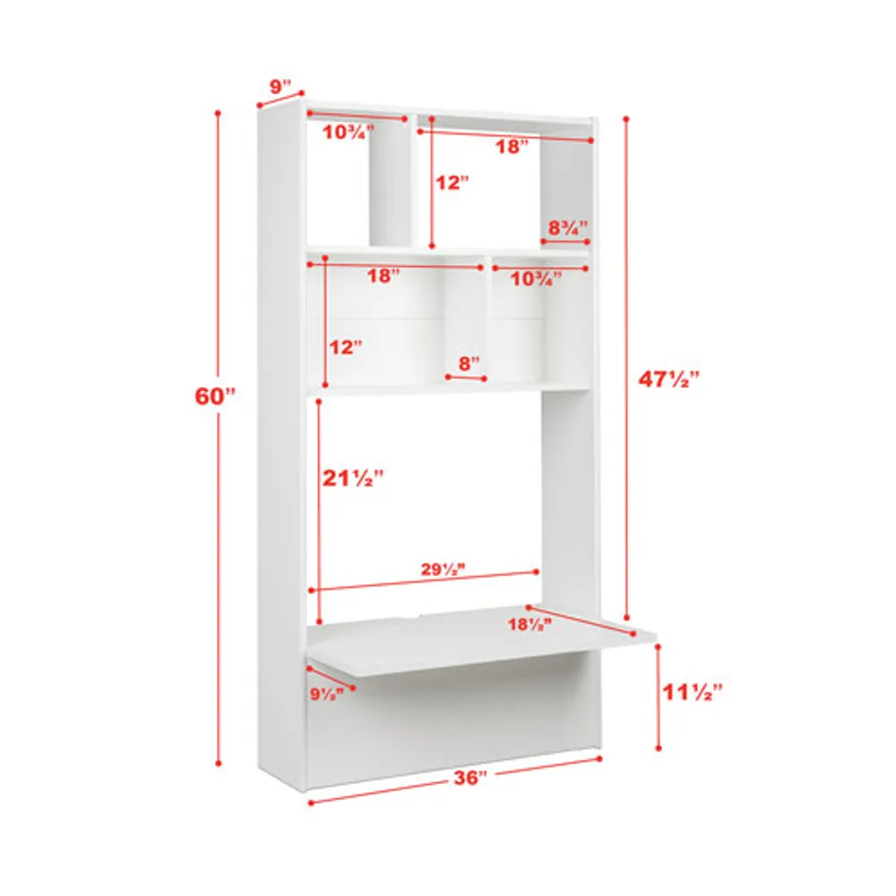 Prepac Tall Modern 30.75"W Floating Desk with Shelves - White