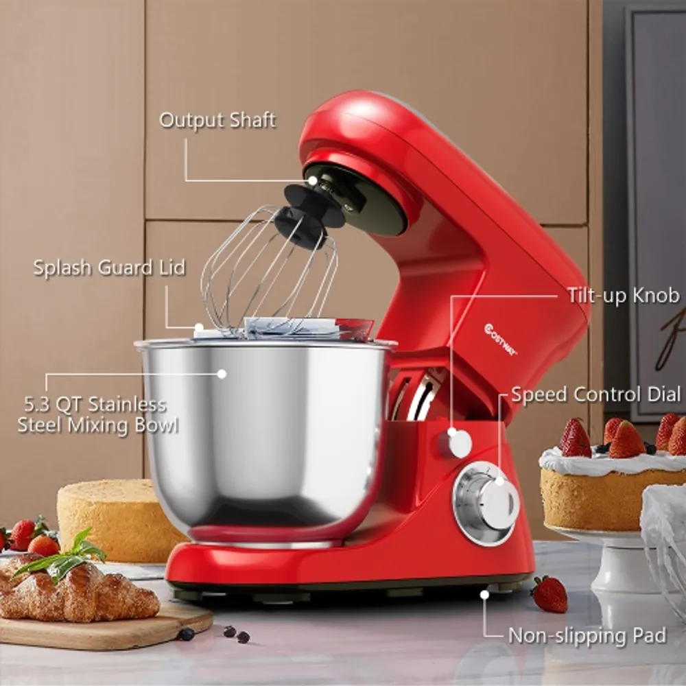 Costway 660W 6.3 qt. . 6-Speed Red Stainless Steel Stand Mixer