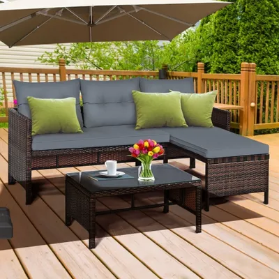 Gymax 3PCS Outdoor Rattan Furniture Set Patio Couch Sofa Set w/ Cushion