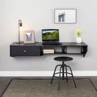 Modern 58"W Floating Desk with Drawer - Black