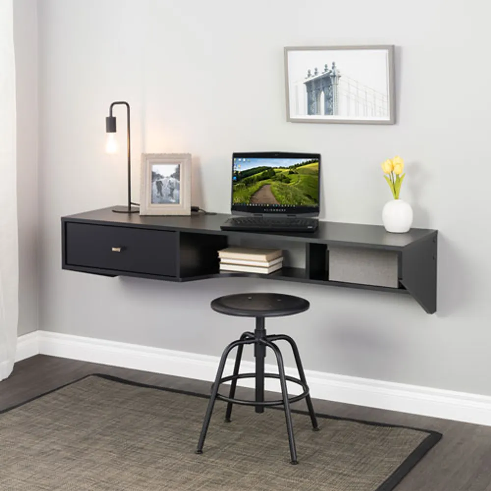 Modern 58"W Floating Desk with Drawer - Black