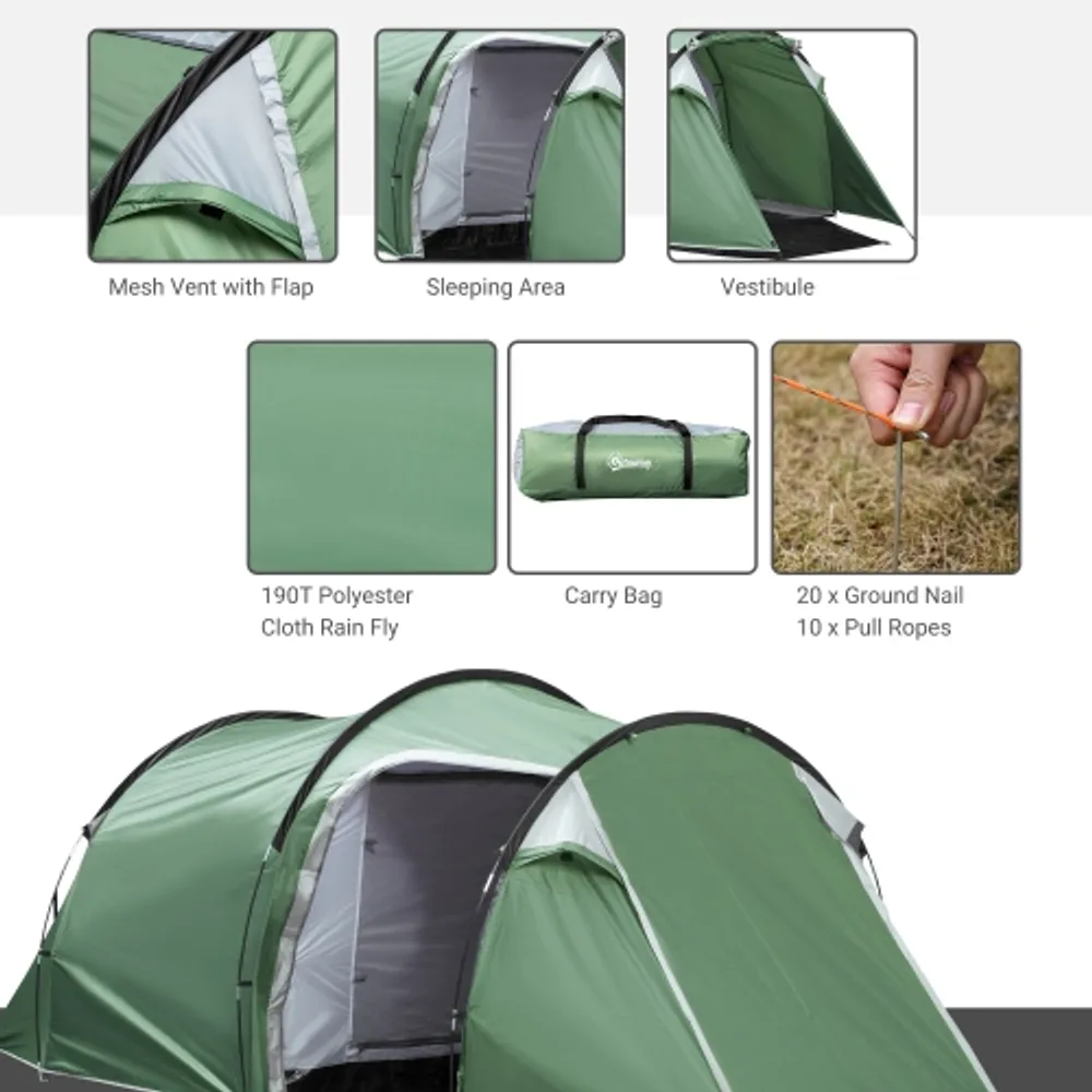 Compact Camping Tent w/ Vestibule & Mesh Vents for Hiking Green