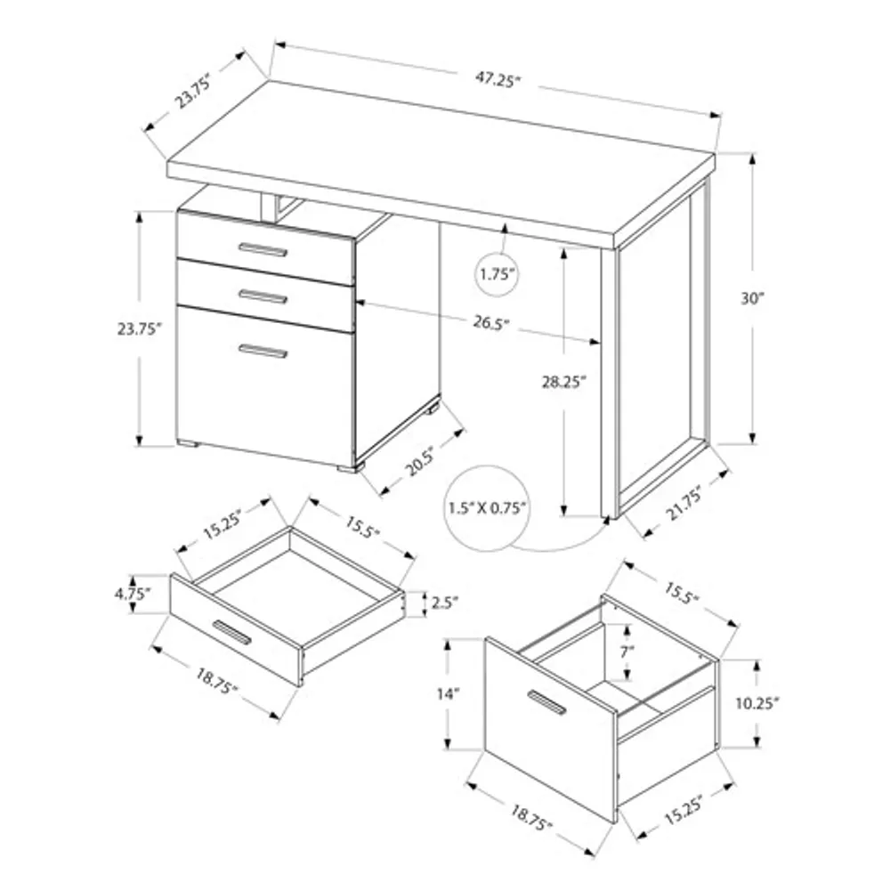 Bureau d'ordinateur flottant avec 3 tiroirs de 47,25 po de largeur de Monarch