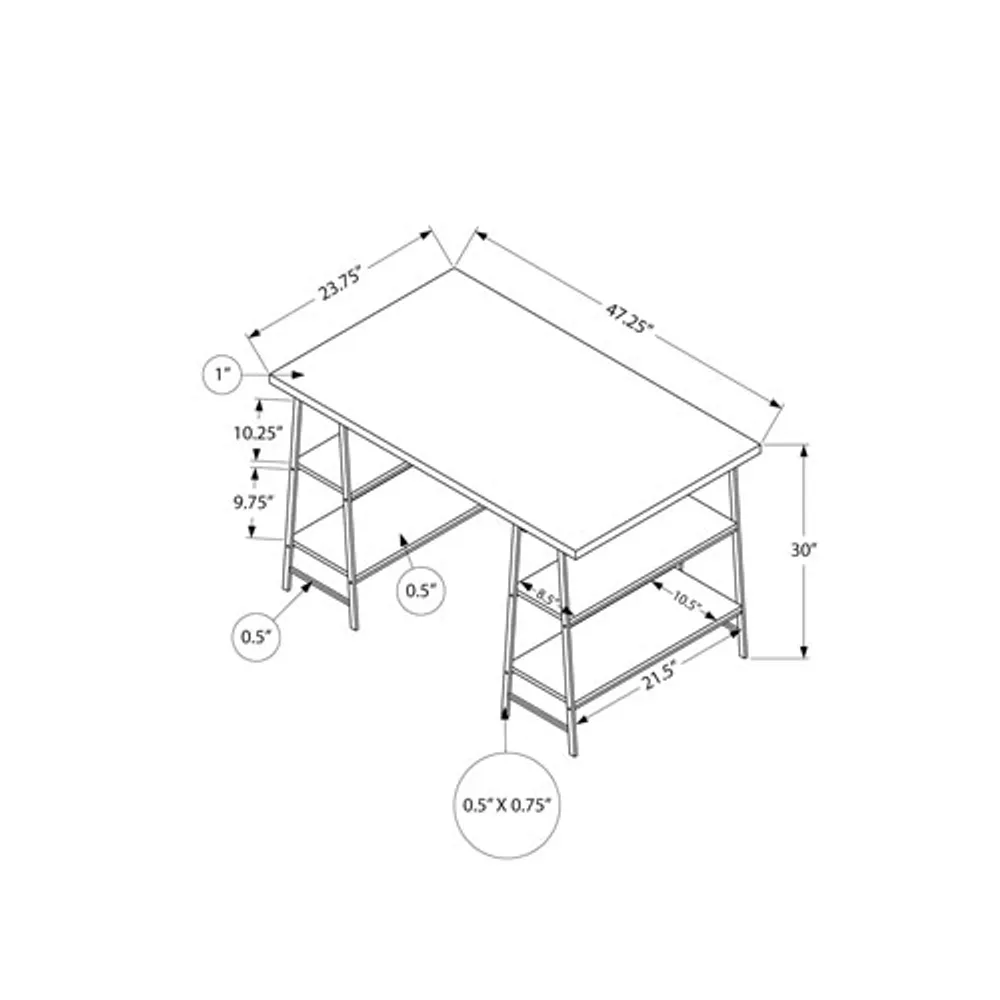 Bureau d'ordinateur de 47,25 po de largeur avec 4 tablettes de Monarch