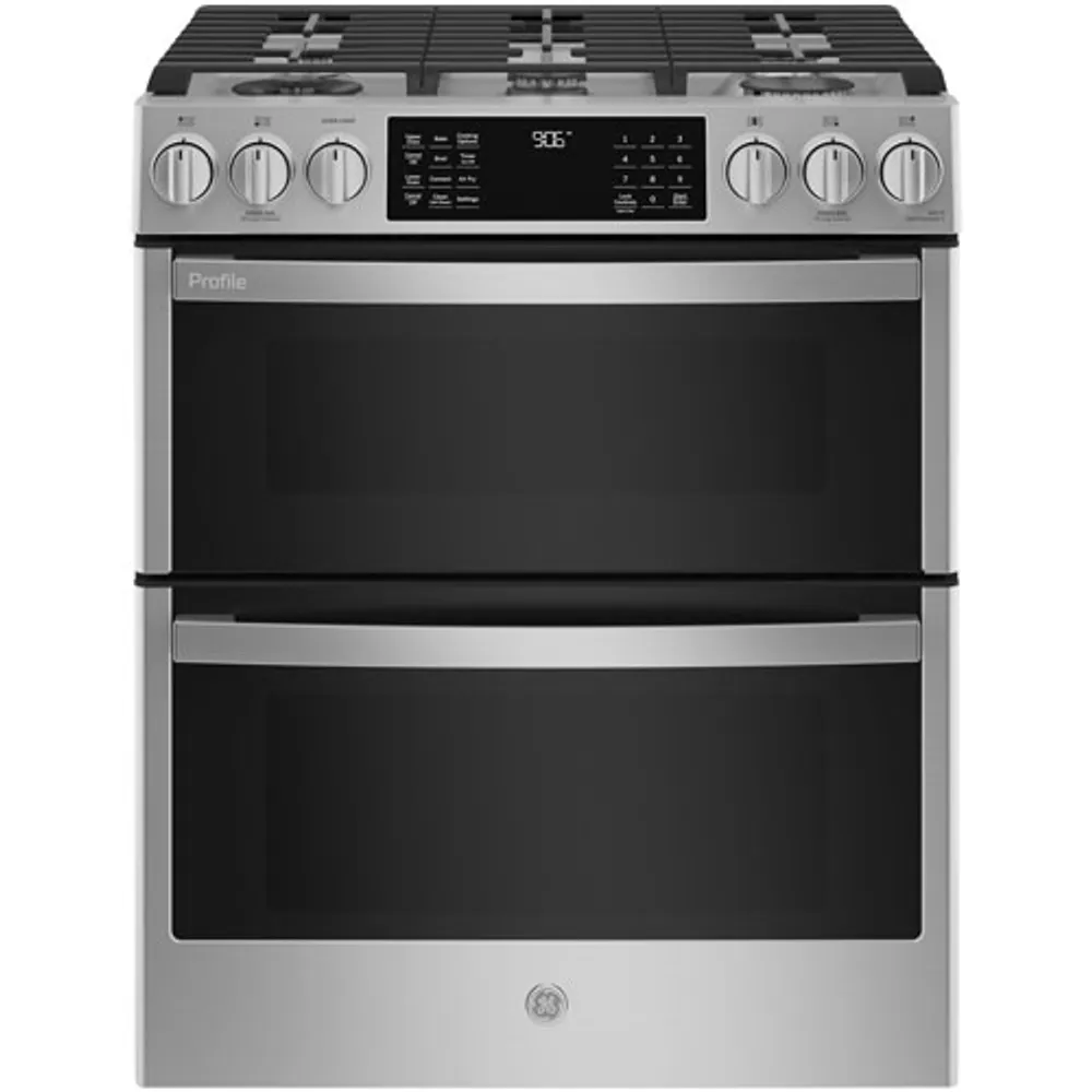 GE Profile 30" 6.7 Cu. Ft. Double Oven Slide-In Gas Air Fry Range (PCGS960YPFS) - Stainless