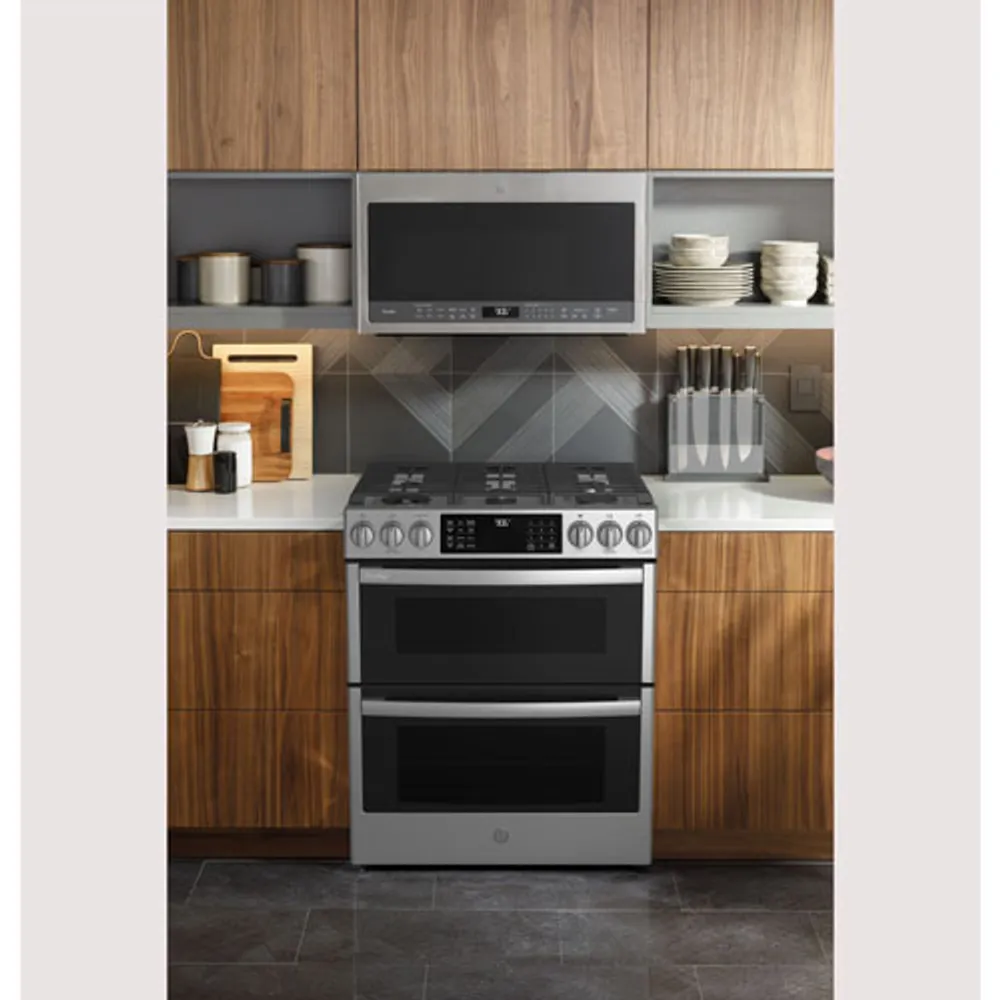 GE Profile 30" 6.7 Cu. Ft. Double Oven Slide-In Gas Air Fry Range (PCGS960YPFS) - Stainless