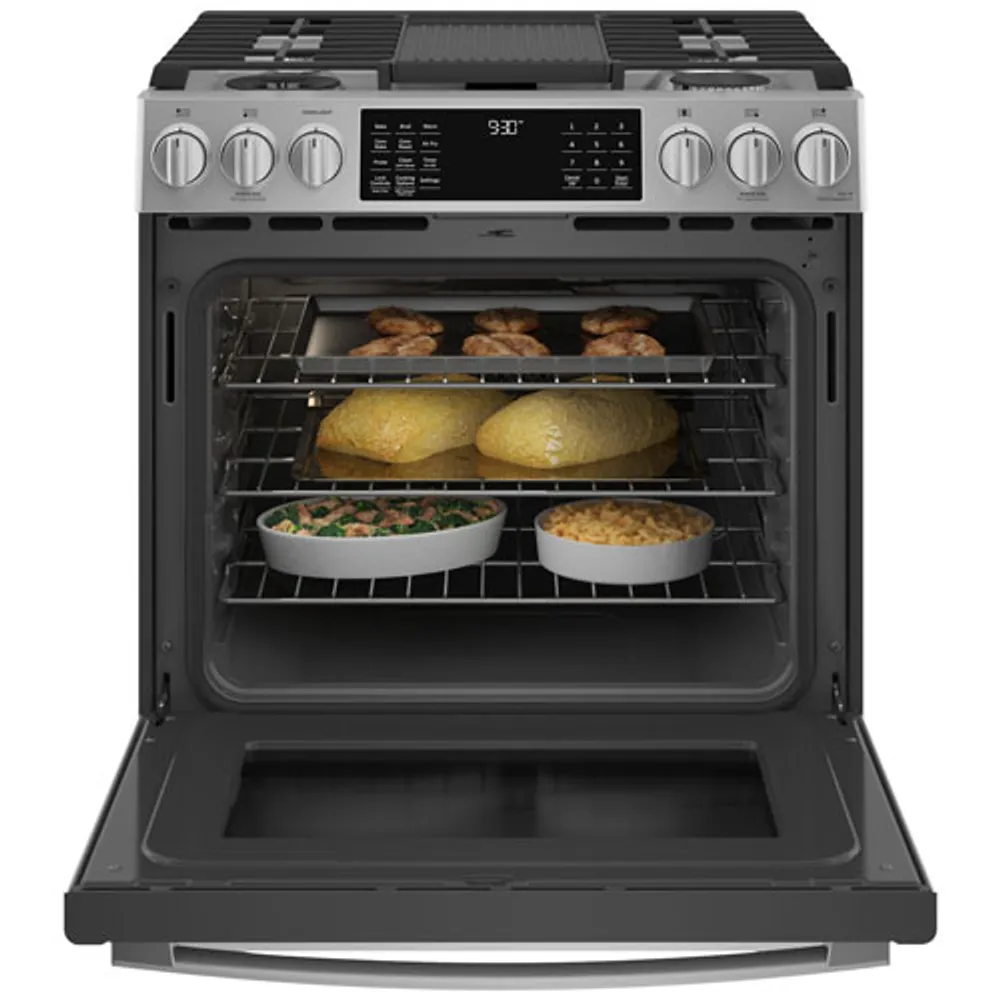 GE Profile 30" 5.7 Cu. Ft. True Convection Slide-In Gas Air Fry Range (PC2S930YPFS) - Stainless