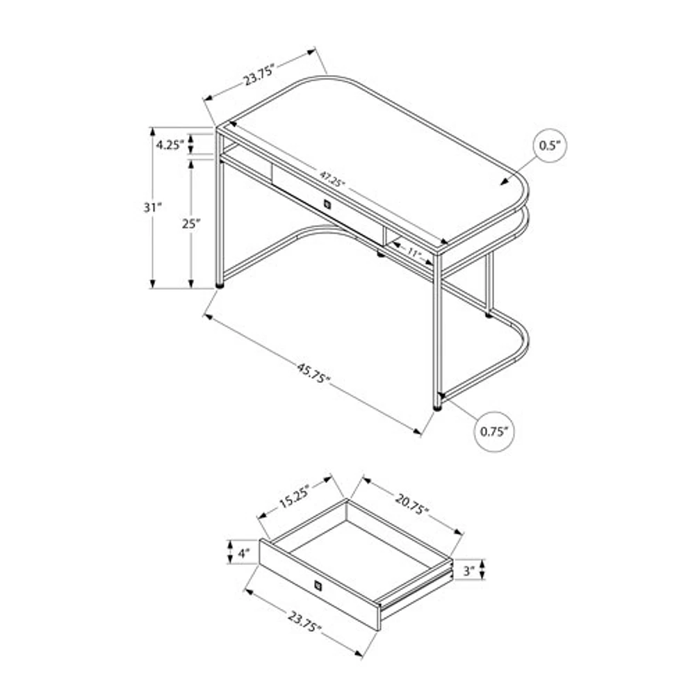 Bureau d'ordinateur de 48 po de largeur avec tiroirs et 2 tablettes de Monarch - Blanc lustré