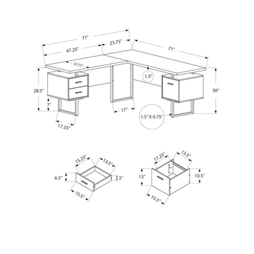 Bureau d'ordinateur en angle avec 3 tiroirs de 71 po de largeur de Monarch