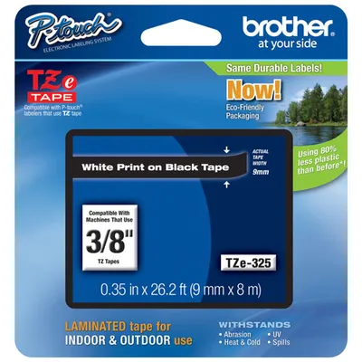 Brother P-Touch 9mm White on Black Tape (TZE325)