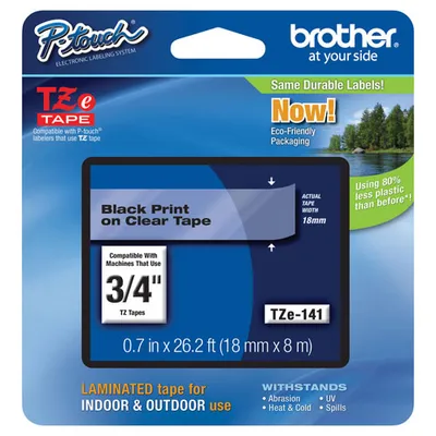 Brother P-Touch 18mm Black on Clear Laminated Tape (TZE141)