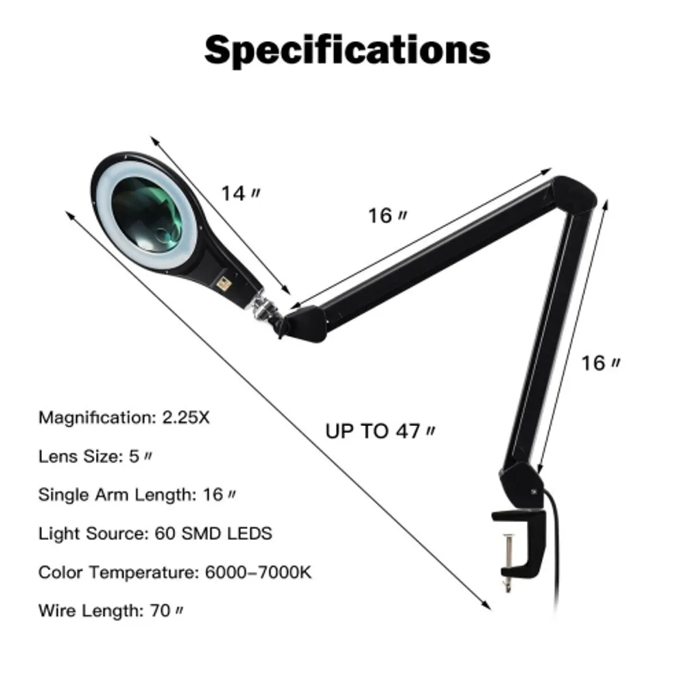 Gymax LED Magnifying Glass Desk Lamp w/ Swivel Arm & Clamp 2.25x  Magnification Black