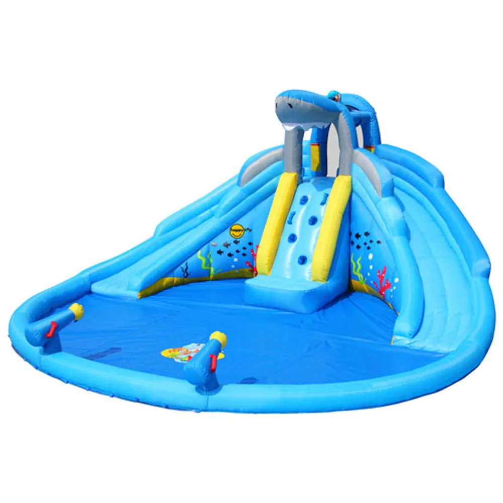 Happy Hop Inflatable Shark Pool with Water Gun Blasters & Slide