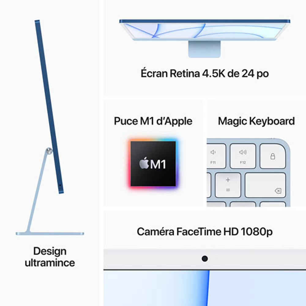 iMac de 24 po d'Apple (printemps 2021) - Bleu (M1 d'Apple/CG à 7 coeurs/SSD 256 Go/RAM 8 Go) - Fr