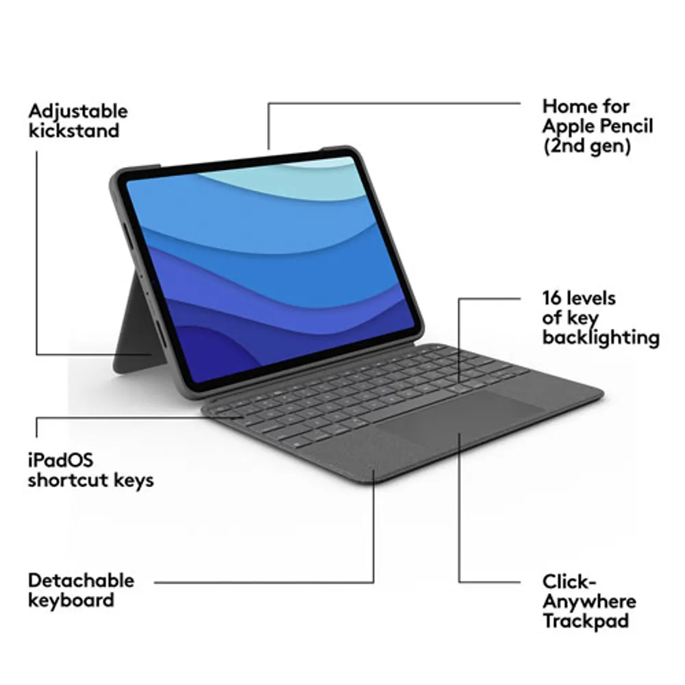 Étui-clavier Combo Touch de Logitech avec pavé pour iPad Pro 11 po (1re/2e/3e/4e génération) - Gris Oxford - Anglais