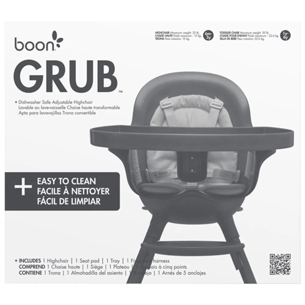 Boon GRUB Baby High Chair with Removable Seat and Tray - Grey