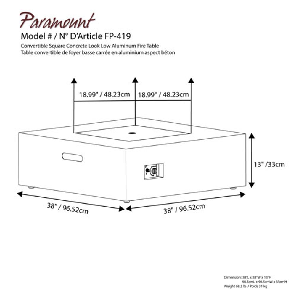 Paramount Square Propane Fire Pit Table - 55,000 BTU - Concrete-Look