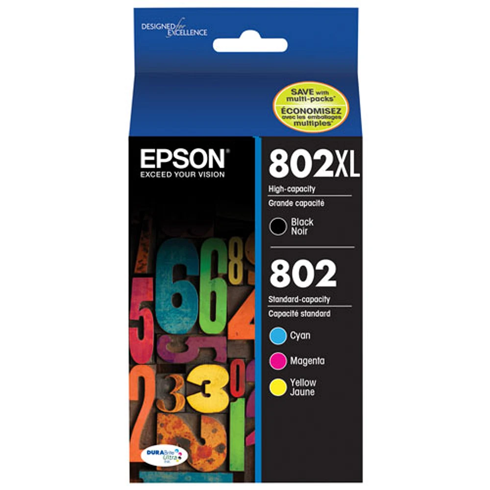 Cartouche d'encre noire DURABrite Ultra 802XL/couleur 802 d'Epson (T802XL-BCS) - Paquet de 4