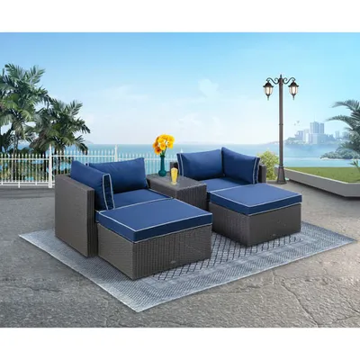 Patio Flare 5-Piece Wicker Patio Conversation Set - Grey/Navy Cushions