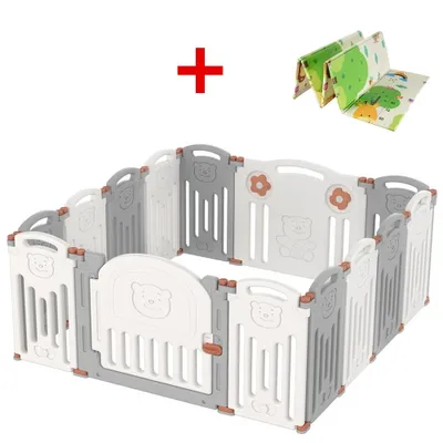 1 pcs 14-Panel Baby Playpen Kids Play Yard + 1 pcs Double-sided Play Mat Waterproof Playmat Combo