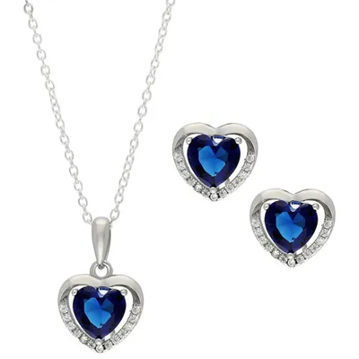 Le Reve Collection Blue Heart Glass Crystal Pendant & Earring Set in Sterling Silver