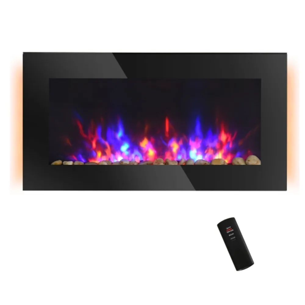 HOMCOM 36 Wall-Mounted Electric Fireplace, 750/1500W Fireplace Heater with  Flame Effect, 7 Color Background Light and LED Side Light and Remote  Control, Black | Galeries de la Capitale