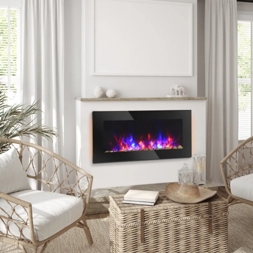HOMCOM 36 Wall-Mounted Electric Fireplace, 750/1500W Fireplace Heater with  Flame Effect, 7 Color Background Light and LED Side Light and Remote  Control, Black | Scarborough Town Centre