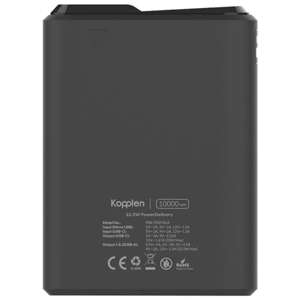 Chargeur portable USB à chargement rapide 22,5 W 10 000 mAh à affichage numérique de Kopplen - Noir