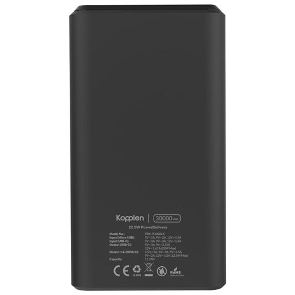 Kopplen Digital Display 30,000 mAh 22.5W Fast Charging USB Power Bank - Black