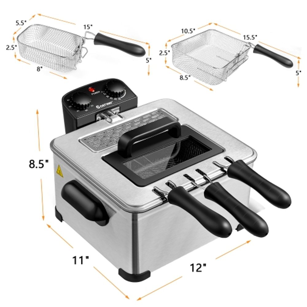 COSTWAY Deep Fryer with Basket, 5.3Qt Stainless Steel Electric Oil Fryer  w/Adjustable Temperature, Timer, Lid with View Window, Professional Style