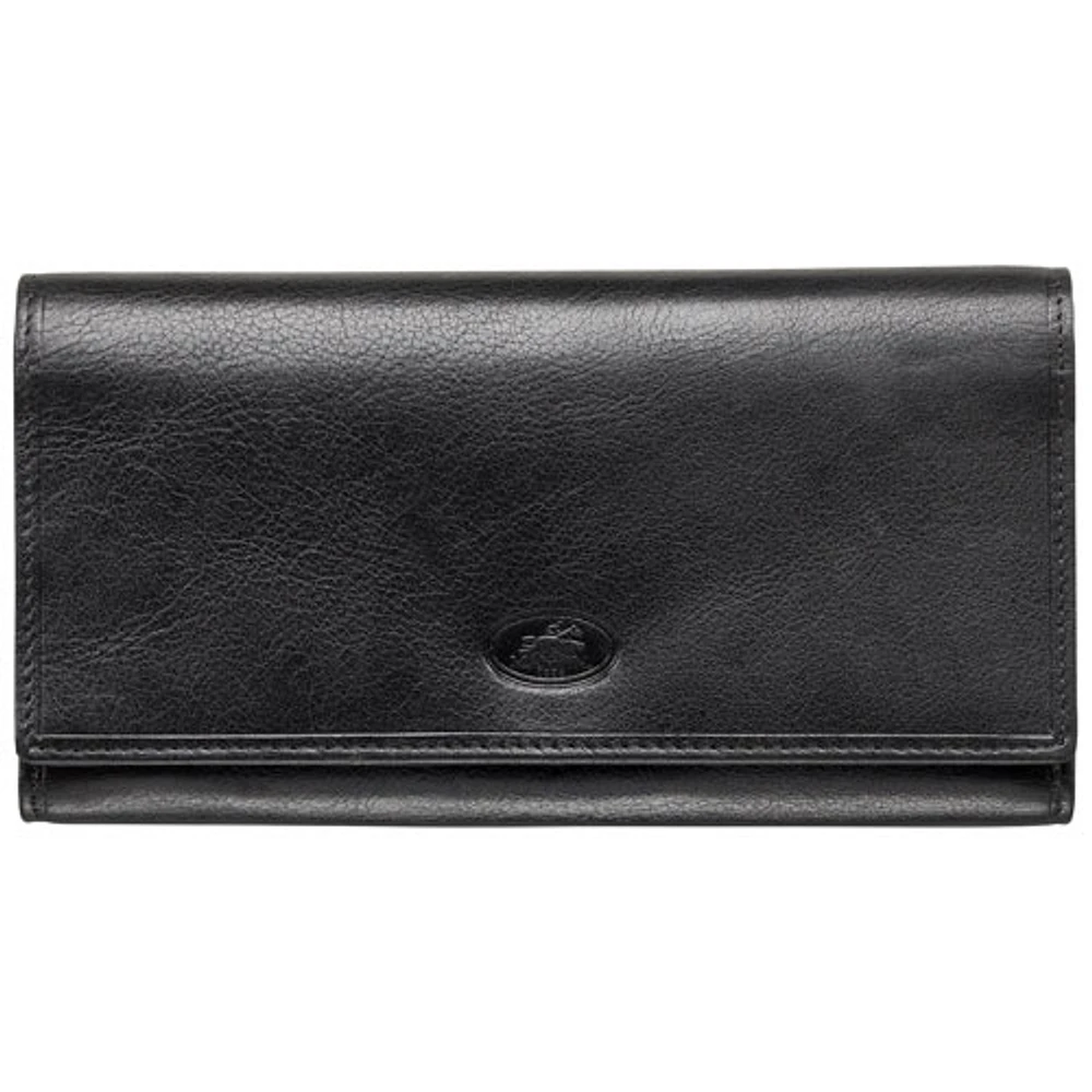 Mancini Equestrian2 RFID Genuine Leather Tri-fold Wallet with Checkbook Pocket - Black