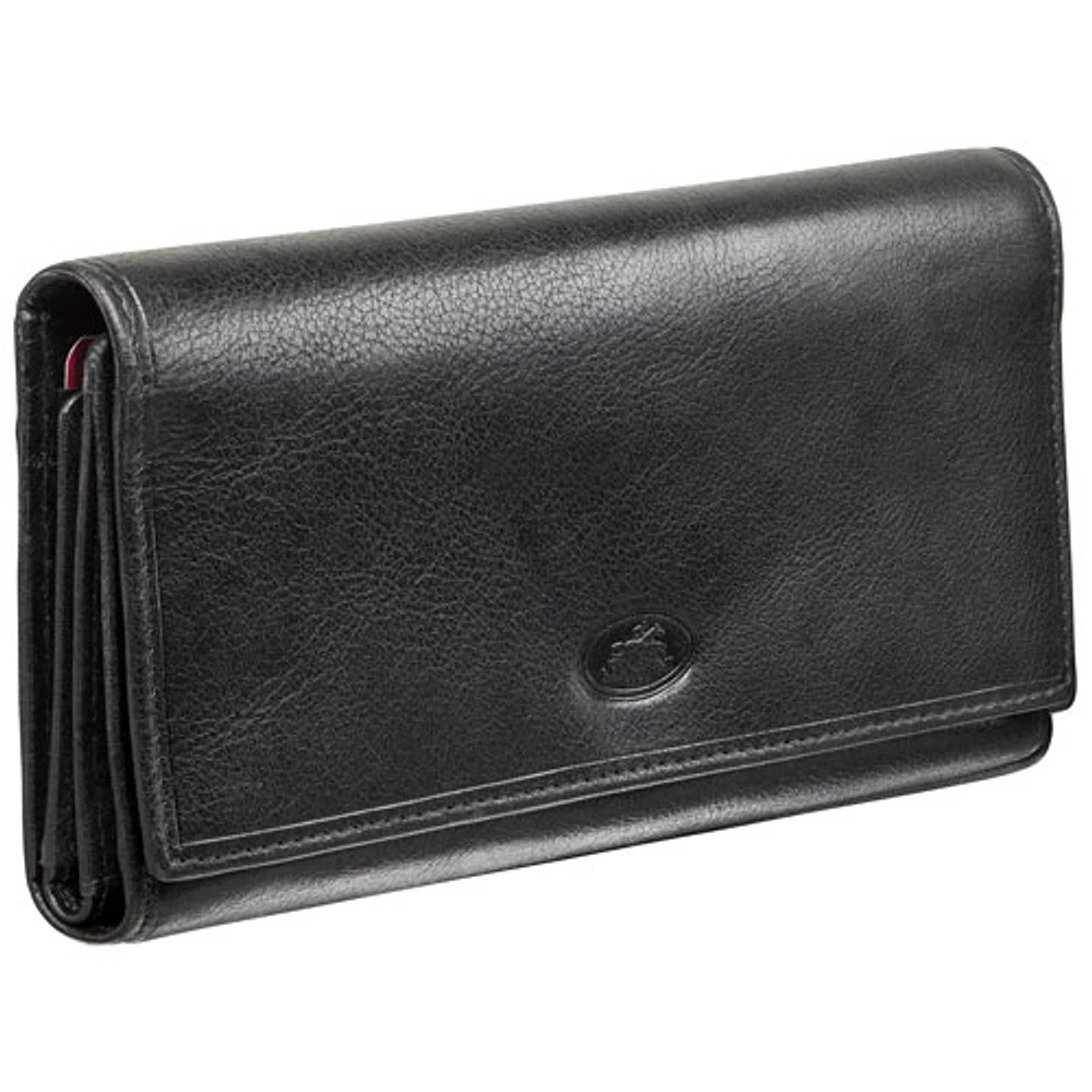 Mancini Equestrian2 RFID Genuine Leather Tri-fold Wallet with Checkbook Pocket - Black