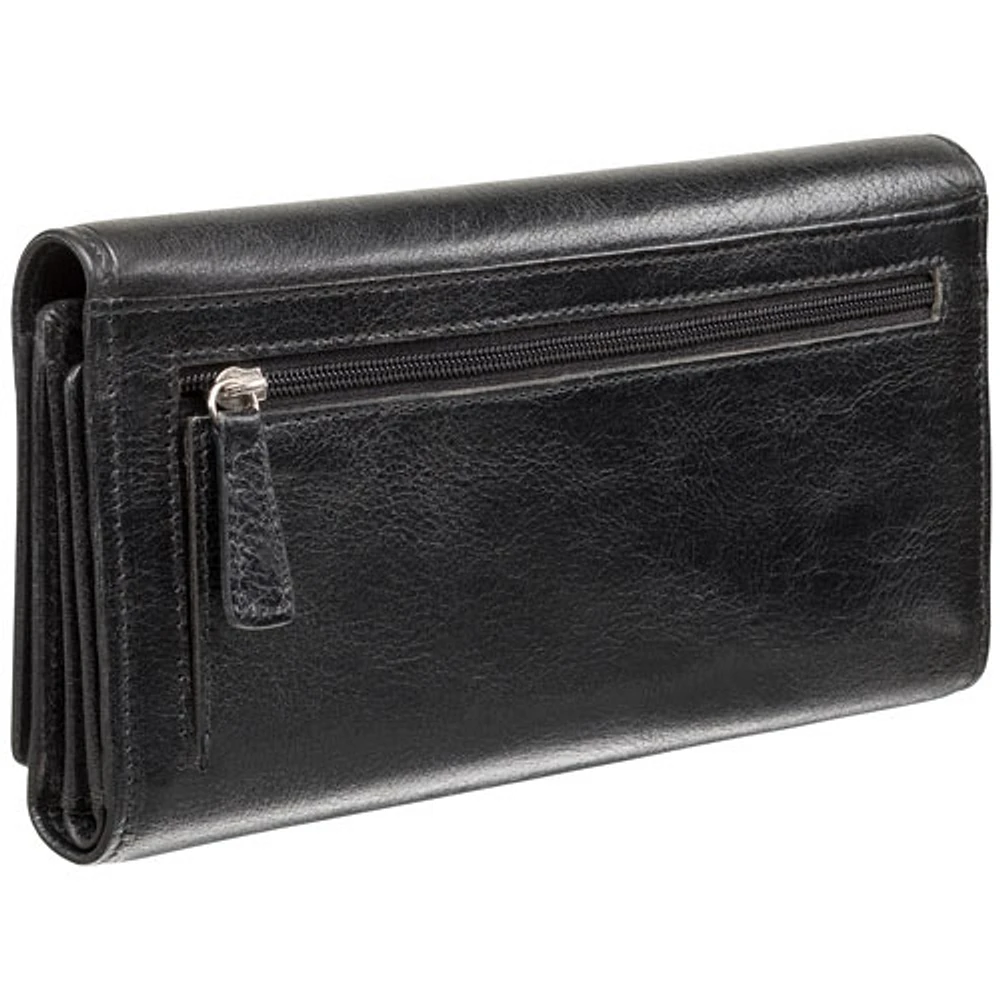 Mancini Equestrian2 RFID Genuine Leather Tri-fold Wallet with Checkbook Pocket - Black