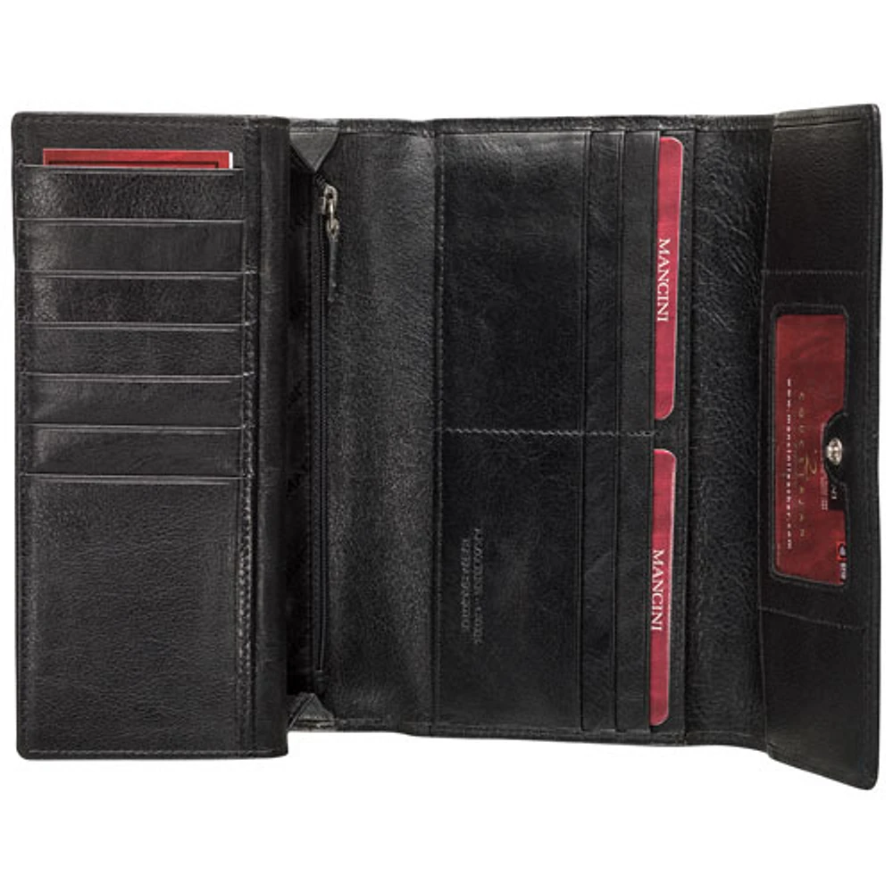 Mancini Equestrian2 RFID Genuine Leather Tri-fold Wallet with Checkbook Pocket - Black