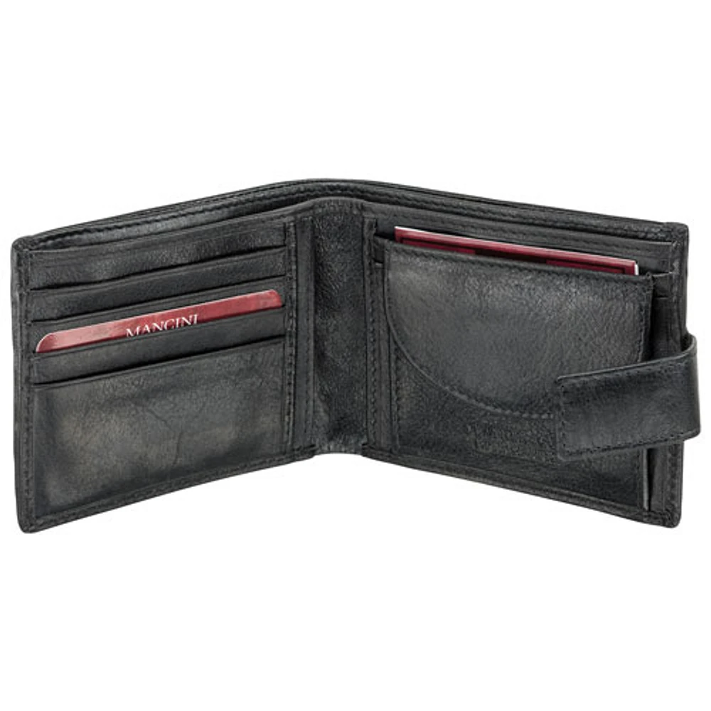 Mancini Equestrian2 RFID Genuine Leather Bi-fold Wallet with Coin Pocket - Black