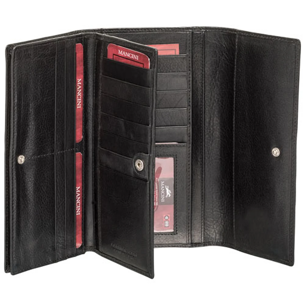 Mancini Equestrian2 RFID Genuine Leather Tri-fold Wing Wallet - Black