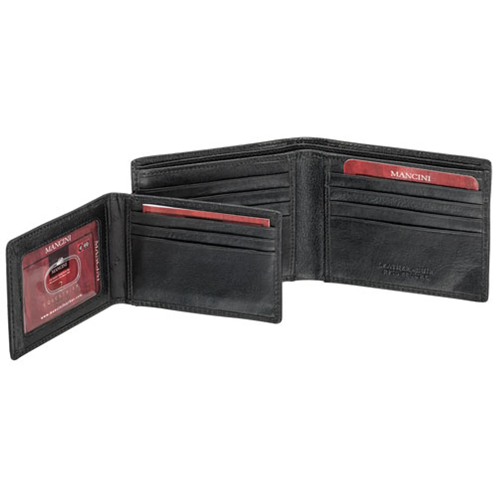 Mancini Equestrian2 RFID Genuine Leather Bi-fold Wing Wallet with Removable Pass Case