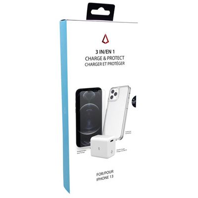 LBT 3-in-1 Charge & Product Bundle w/ Case, Screen Protector & Wall Charger for iPhone 13 - Clear