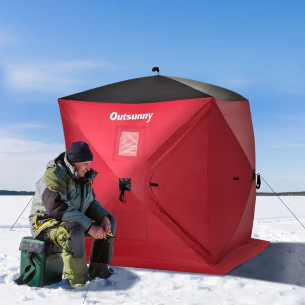 Outsunny 2 Person Ice Fishing Shelter, Pop-Up Portable Ice Fishing Tent  with Windows, Carry Bag and Anchors