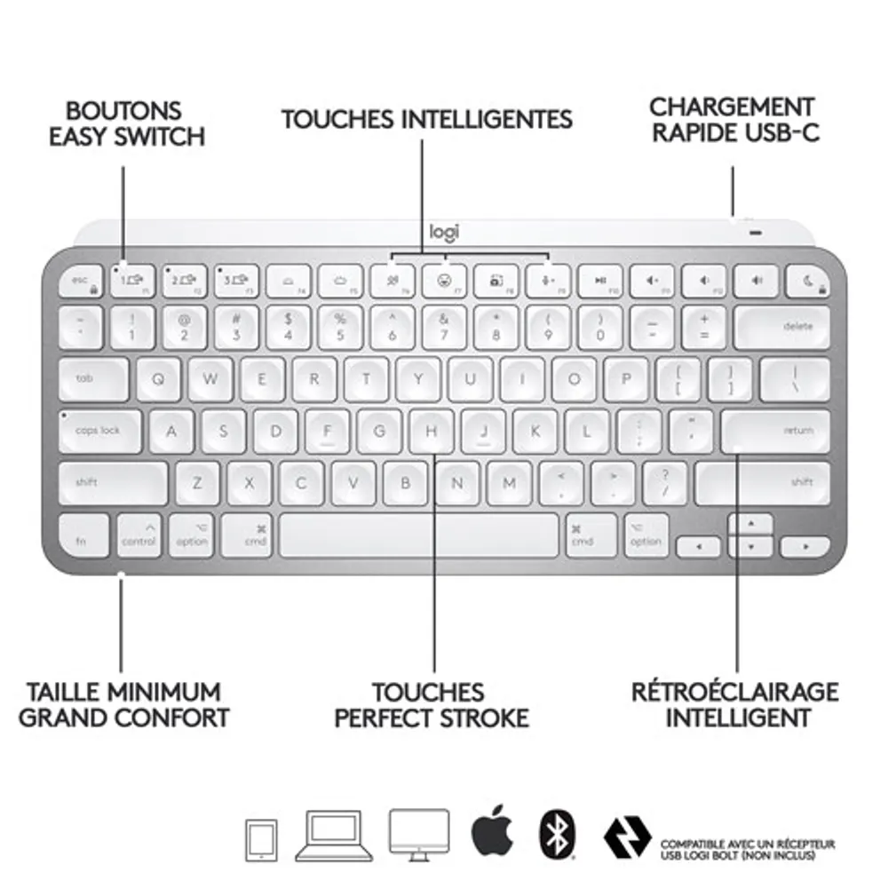 Clavier ergonomique rétroéclairé mécanique Bluetooth MX Mini de Logitech pour Mac - Gris pâle