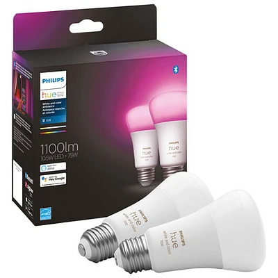 Ampoule DEL intelligente Hue A19 de Philips - Ensemble de 2 - Ambiance blanche et colorée