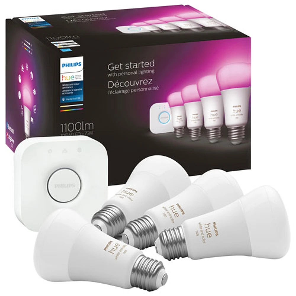 Philips Hue A19 Smart LED Light Bulb Starter Kit with Bridge - 4 Pack -  White & Colour Ambiance