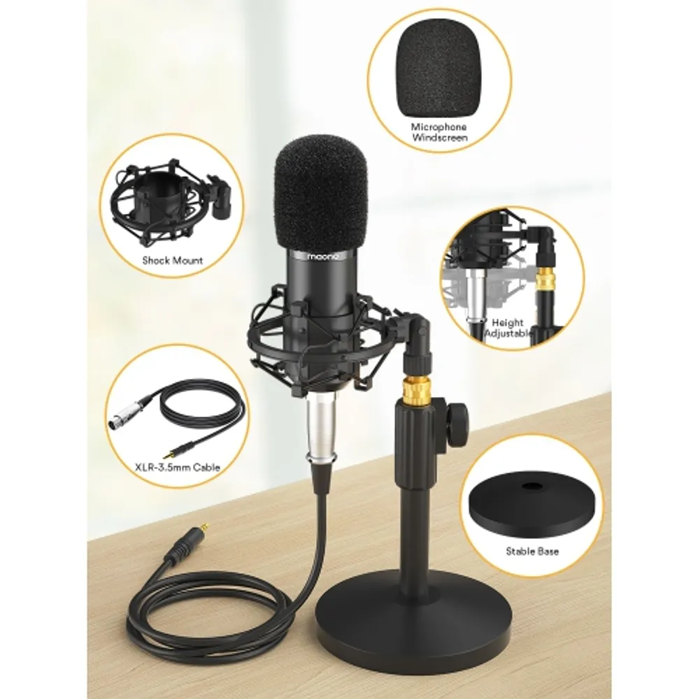 XLR Condenser Microphone, UHURU Professional Studio Cardioid Microphone Kit  with Boom Arm, Shock Mount, Pop Filter, Windscreen and XLR Cable, for  Broadcasting, Recording,  : : Musical Instruments