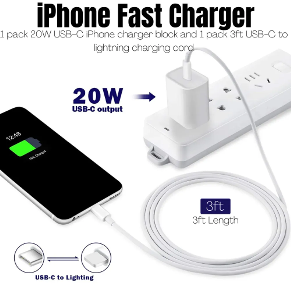 iPhone SE 2020 | Fast Charger 20W, USB Type-C Block With Lightning Cable  3ft White