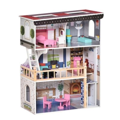 Qaba 13 PCS Kids 3-Story Dollhouse, Dreamhouse Villa, for Toddler, Little Girls, Multi-level House, with Elevator, Furniture Accessories Kit, for 3-6 Years Old, Pink