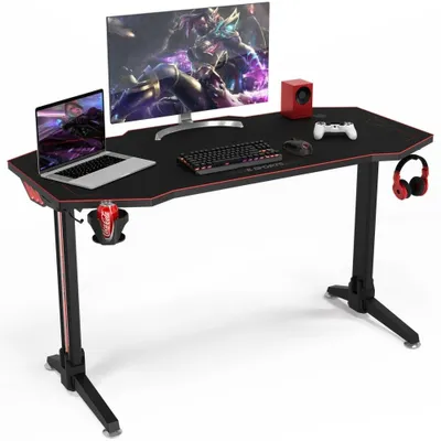 Gymax 55'' Gaming Desk T-shaped Computer Desk w/ Full Mouse Pad & LED Lights
