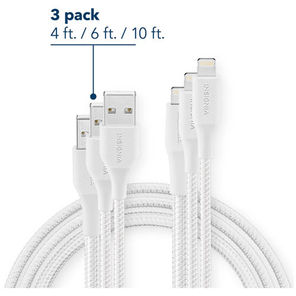 Insignia Apple MFi Certified 1.2m/1.8m/3m Braided Lightning to USB-A Cable - Moon Grey - Set of 3