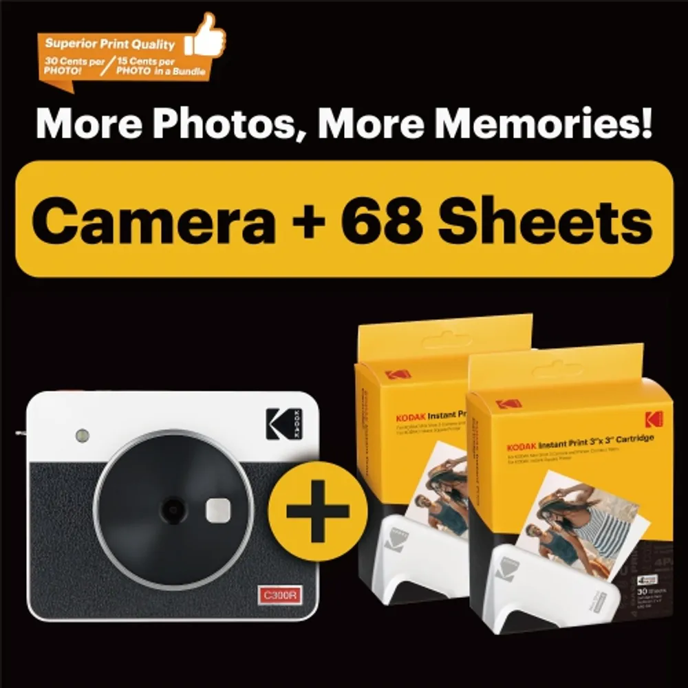 KODAK Mini Shot 3 Retro 4PASS 2-in-1 Instant Camera and Photo Printer (3x3  inches) + 68 Sheets Bundle, White