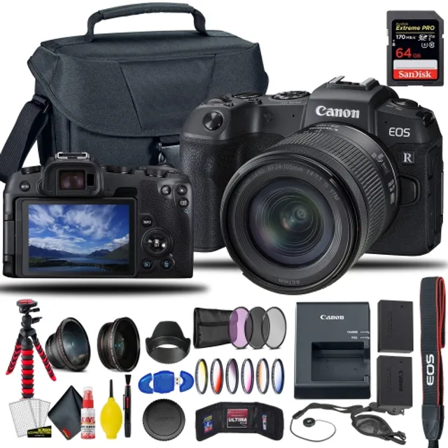 Canon EOS R100 Mirrorless Camera with 18-45mm Lens (6052C012) + Filter Kit  + Corel Photo Software + Bag + 64GB Card + LPE17 Battery + Charger + Card